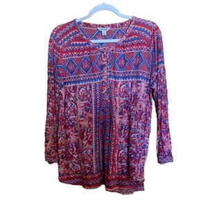 Lucky Brand Womens Size Large Multicolor Boho Linen Blend Blouse Top